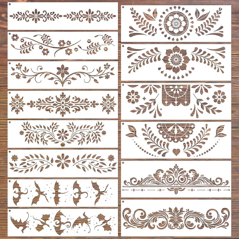 Keluna Border Stencils for Painting - 14 Pcs Reusable Mexican Talavera Flower Crafts Templates Floral Leaf Dragon Stencils for Painting on Wood Wall DIY Art Craft Canvas Fabric Home Décor - Image 1